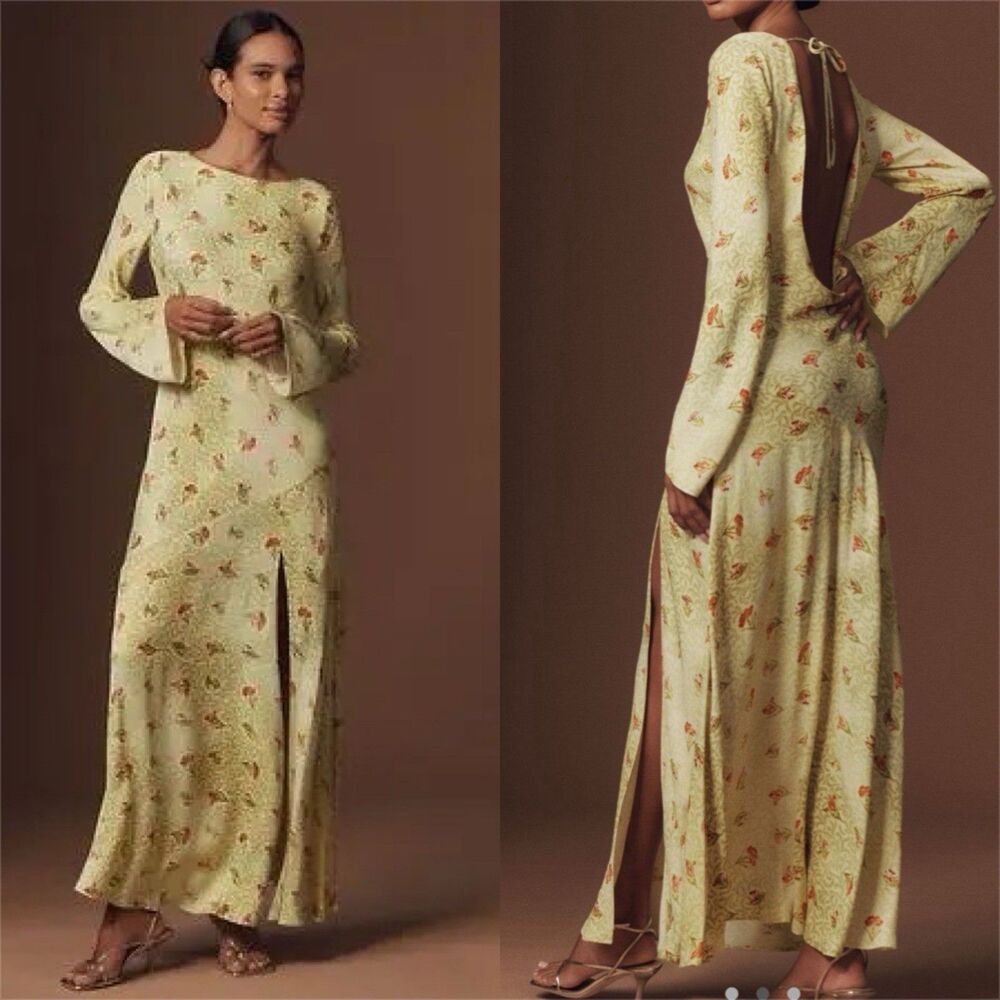 BHLDN Anthropologie Dani Long-Sleeve Open-Back Fit & Flare Maxi Medium Dress